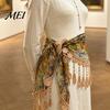 Elegant Tassel Fringe Wrap Women Triangular Shawl Scarf with Tassel, Hollow Lace Retro Oil Outdoor Photography Prop Painting Print, Breathable Fashion