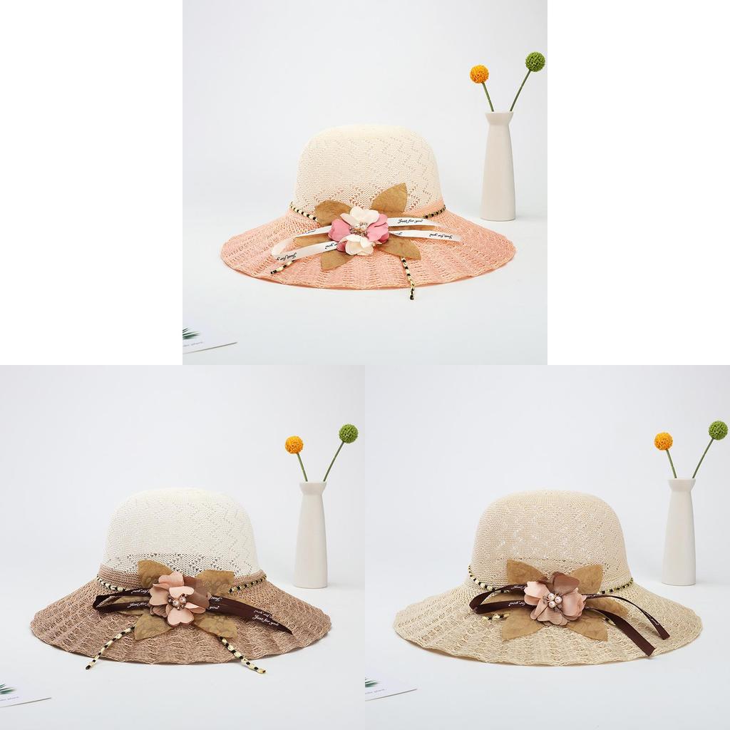 Straw Hat Women Summer Sunshade Wide Brim With Flower Pattern For Beach Vacation