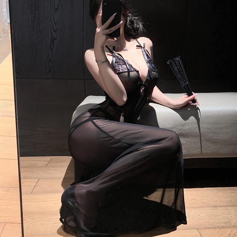 Sexy Long Dress Erotic Lingerie See Through Lace Dress Passionate Temptation OL Uniform Flirting Uniform Nightclub Tight Suit
