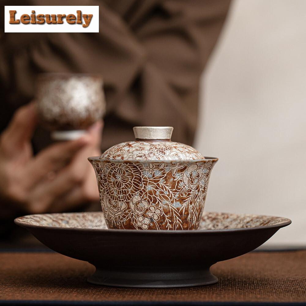 Flower Gilded Silver Old Rock Mud Coarse Pot Bearing Holder Vintage Dry Brew Table Tea Tray Fruit Sanck Plate Teaset Decoration