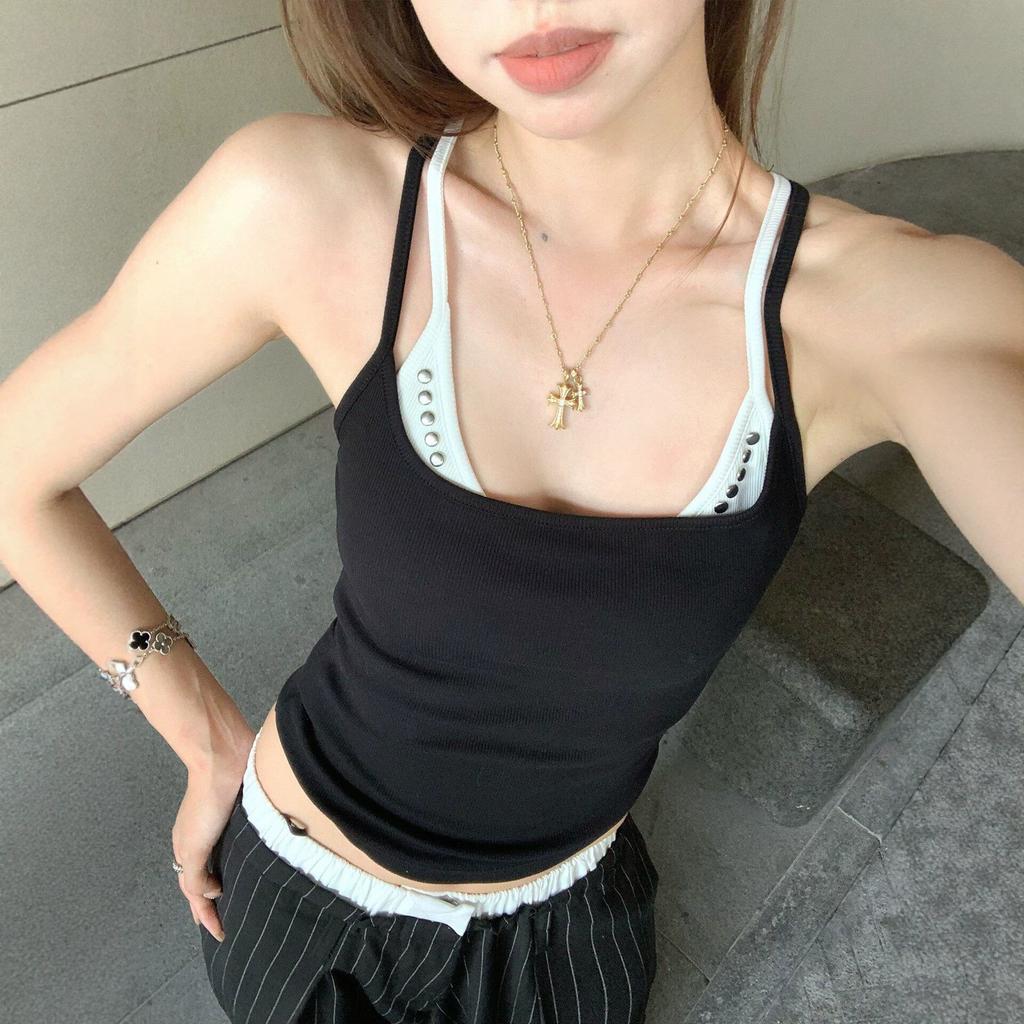 Fake two-piece rivet contrasting color sling vest women's summer American sweet spice girl slim and thin niche chic small top