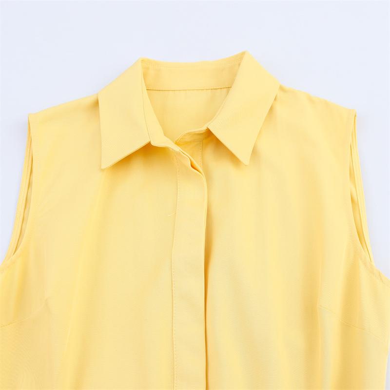 Women's Turn Down Collar Sleeveless Loose Mid Waist Belted Midi Shirt Dress