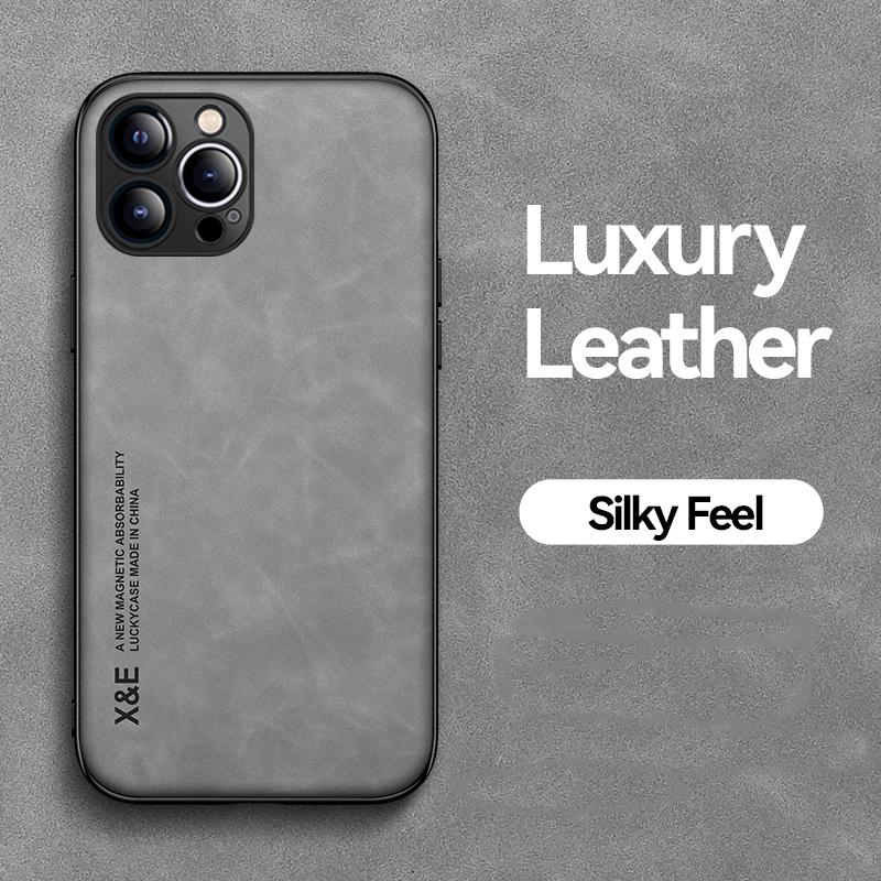 Slim Matte Frosted Leather Phone Case For iPhone 16 15 14 Plus 13 Mini 16Pro Max Mini Build-in Iron Magnetic Plate Back Cover