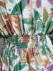 2025 Summer New Women's Batwing Sleeve Deep V Waist Trimming Printing Dress Beach Vacation Dress