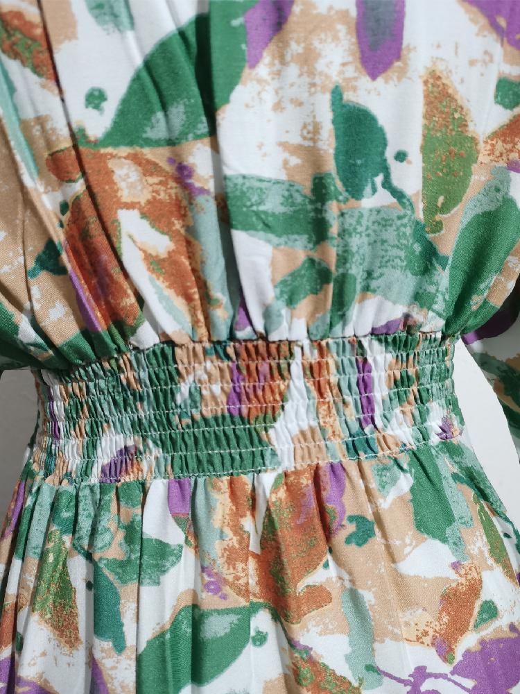 2025 Summer New Women's Batwing Sleeve Deep V Waist Trimming Printing Dress Beach Vacation Dress
