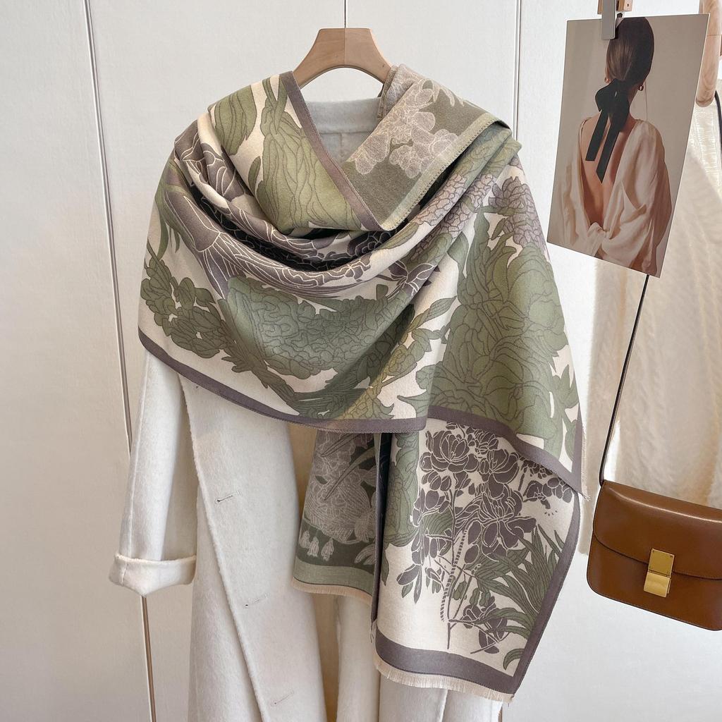 Korean Version Of Winter Imitation Cashmere Thickened Scarf High-End Simple And Elegant Flower Scarf Women'S Fashion Warm Versatile Shawl