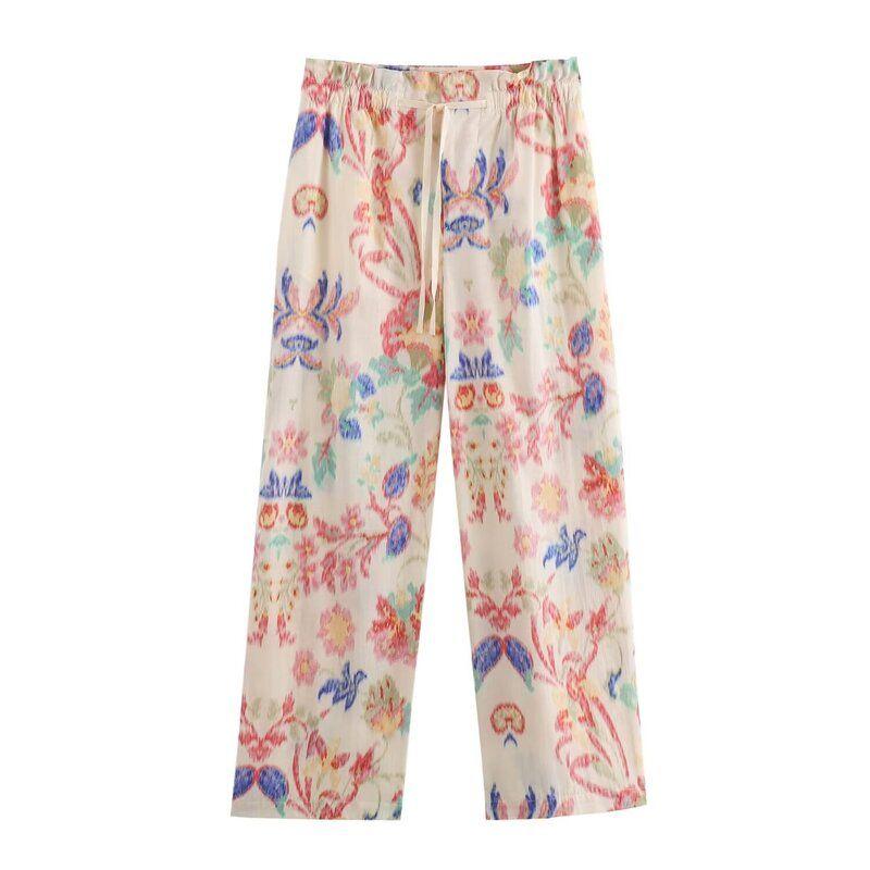 Fashion Style 2024 Autumn New Women's Round Neck Short Sleeve Printing Color Contrast Tops Paper Bag Mid Waist Pants 8414194