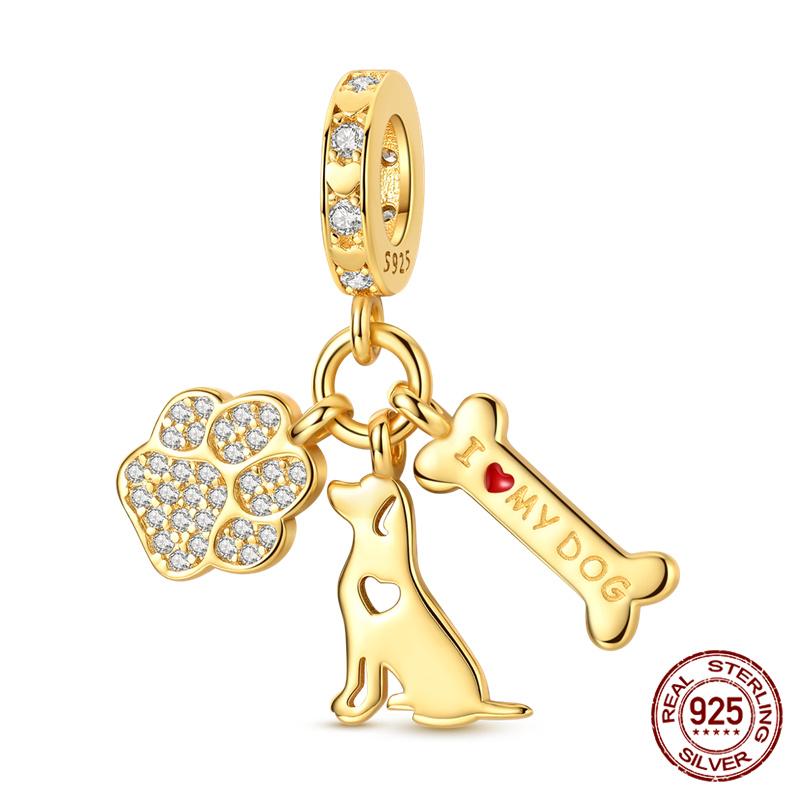 New In Original Charms Copper Two-Tone Dog Bone Paw Print Charms Beads Fits 3Mm Original Bracelet For Women Diy Jewelry Gift