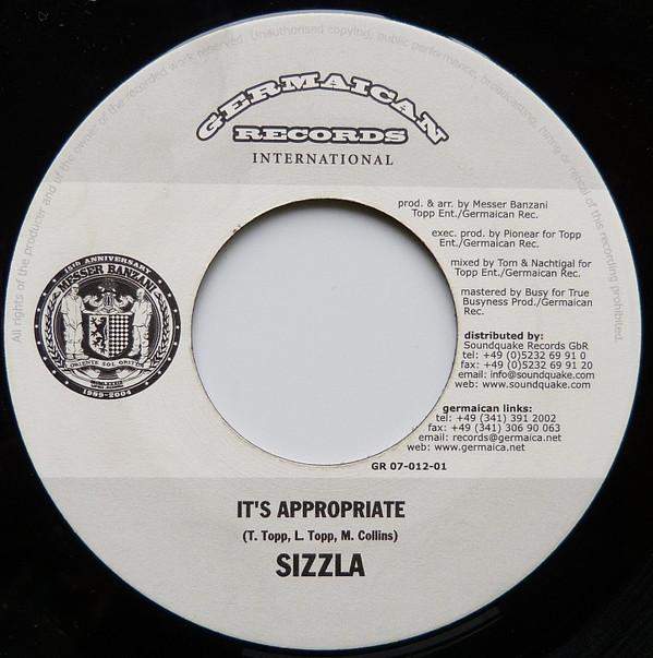 

7inch Record SIZZLA - It s Appropriate GR0701201 Germaican Recor 2007 Germany Reggae, Ska & Dub Used