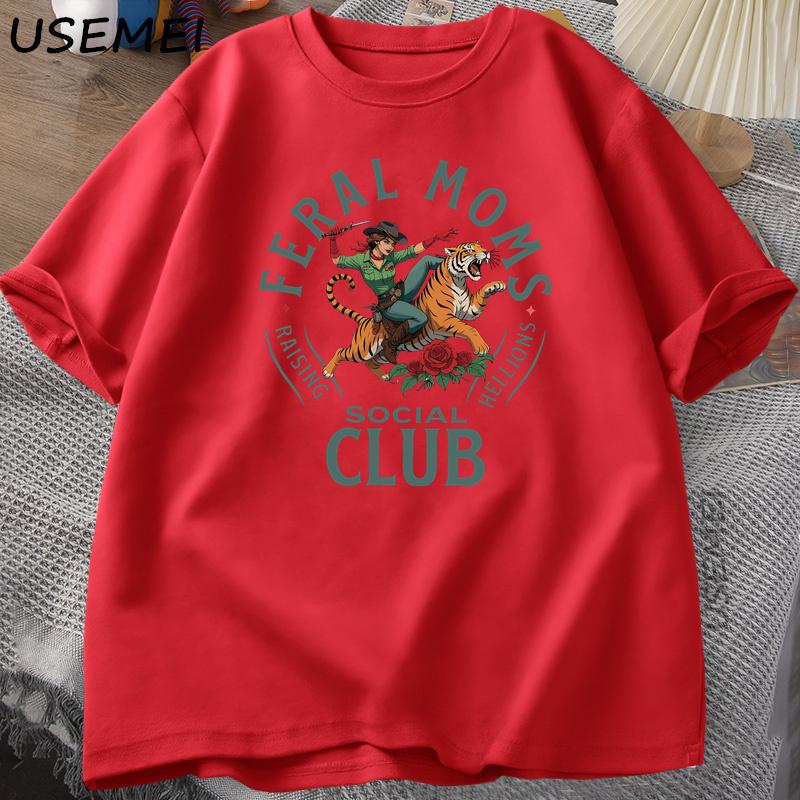 Feral Moms Social Club T Shirt Vintage Graphic Tee Design Feral Mom Life Wife Tshirt Tendy Casua Short Sleeve Oneck Tshirts S