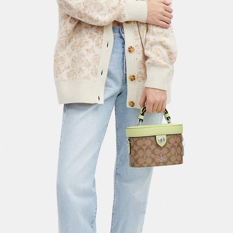 New COACH Kay Canvas With Leather Bucket Bag, Shoulder Bag, Crossbody Bag Small Women's Brown & Mint Green CJ613-SVUFH
