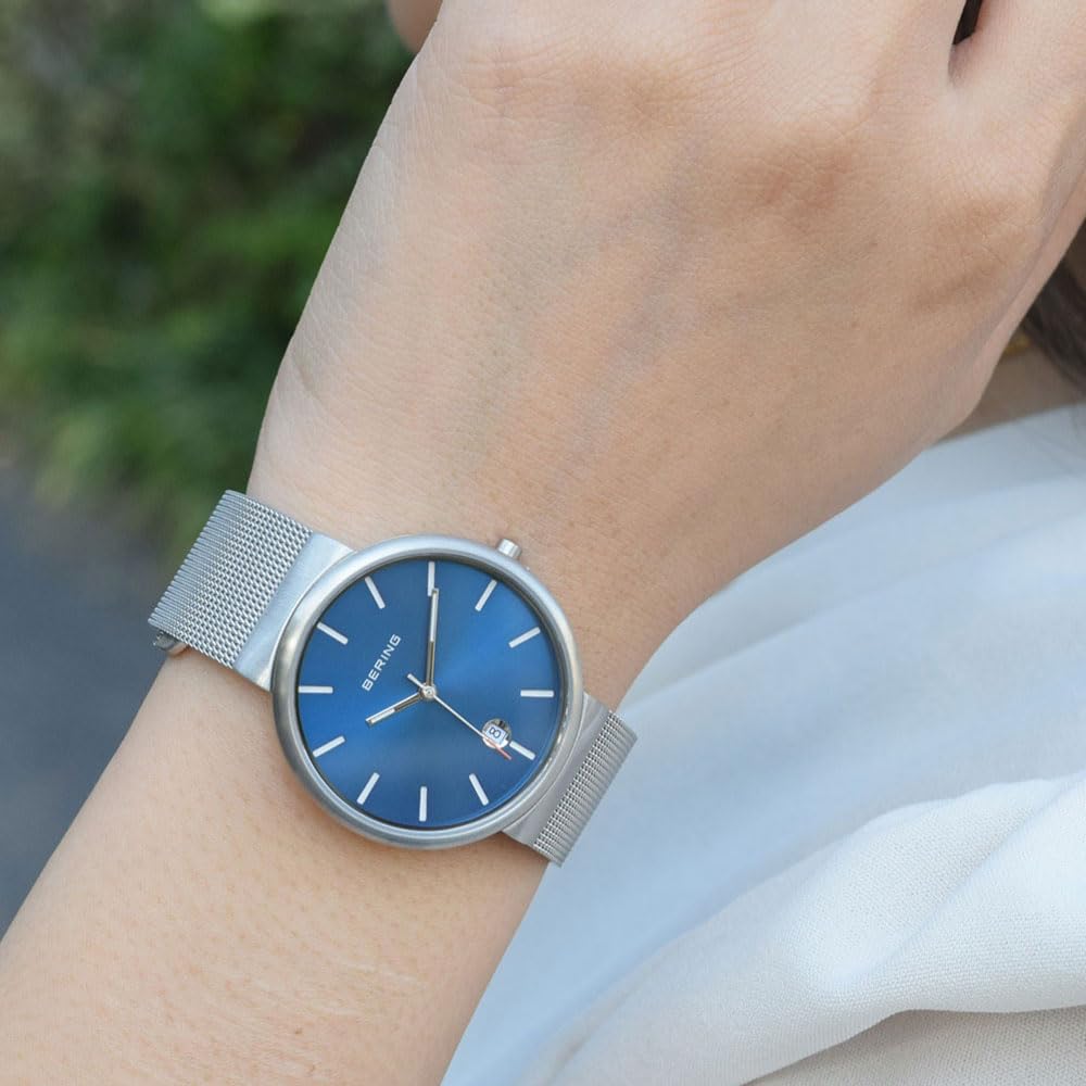 Bering Classic Scandinavian Carved Mesh Watch, Silver, 11035-007