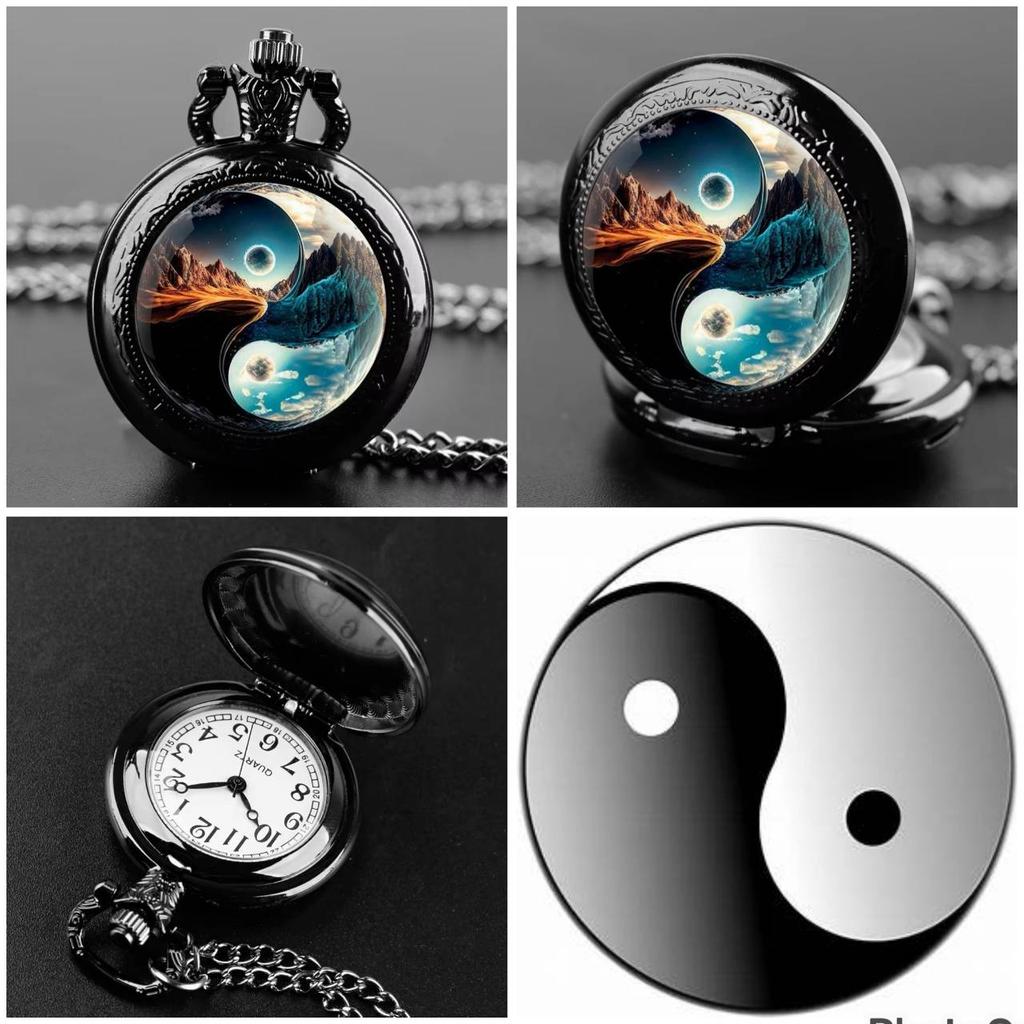 Vintage Retro Schwarz Doppelberg Yinyang Quarz Unisex Herren Damen Taschenuhr Quarz Halskette Anhänger Uhr Kette Lässig Klassisches Zifferblatt Schmuck Geschenk