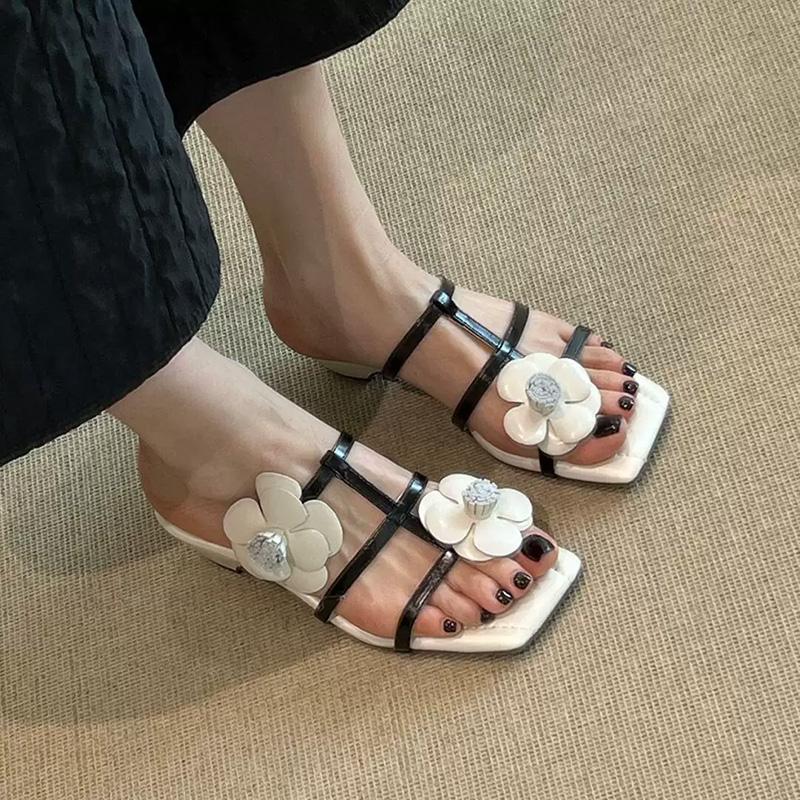 2026 Summer Flowers Shoes Women Sandals Middle Heels 4cm Elegant Ladies Heel Sandals Soft Comfortable Daily Shoes