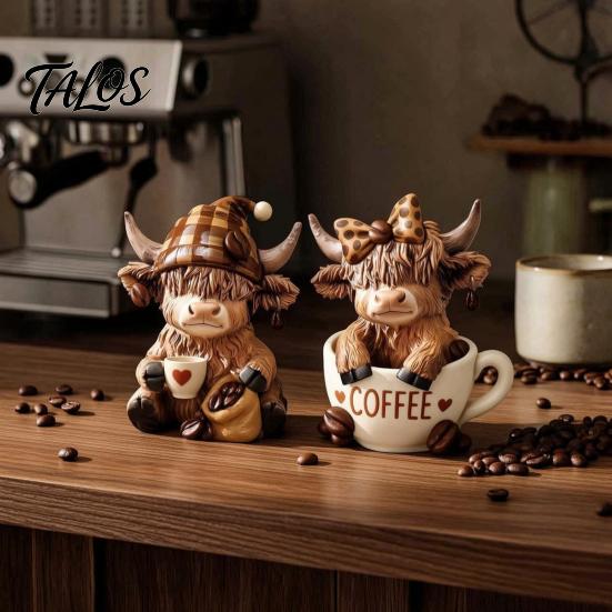 Highland Cow Coffee Decor 2Pcs Figurine, Cute Resin Animal Statue for Home Desk Collectible Decor, Cafe Style Tabletop Ornament, Creative Gift Lovers