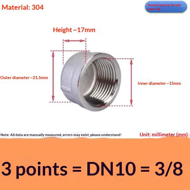 Internal Thread Pipe Cap Plug Wear Resistant 304 Stainless Steel Inner Wire Pipe Fitting for Agricultural Irrigation Pipes