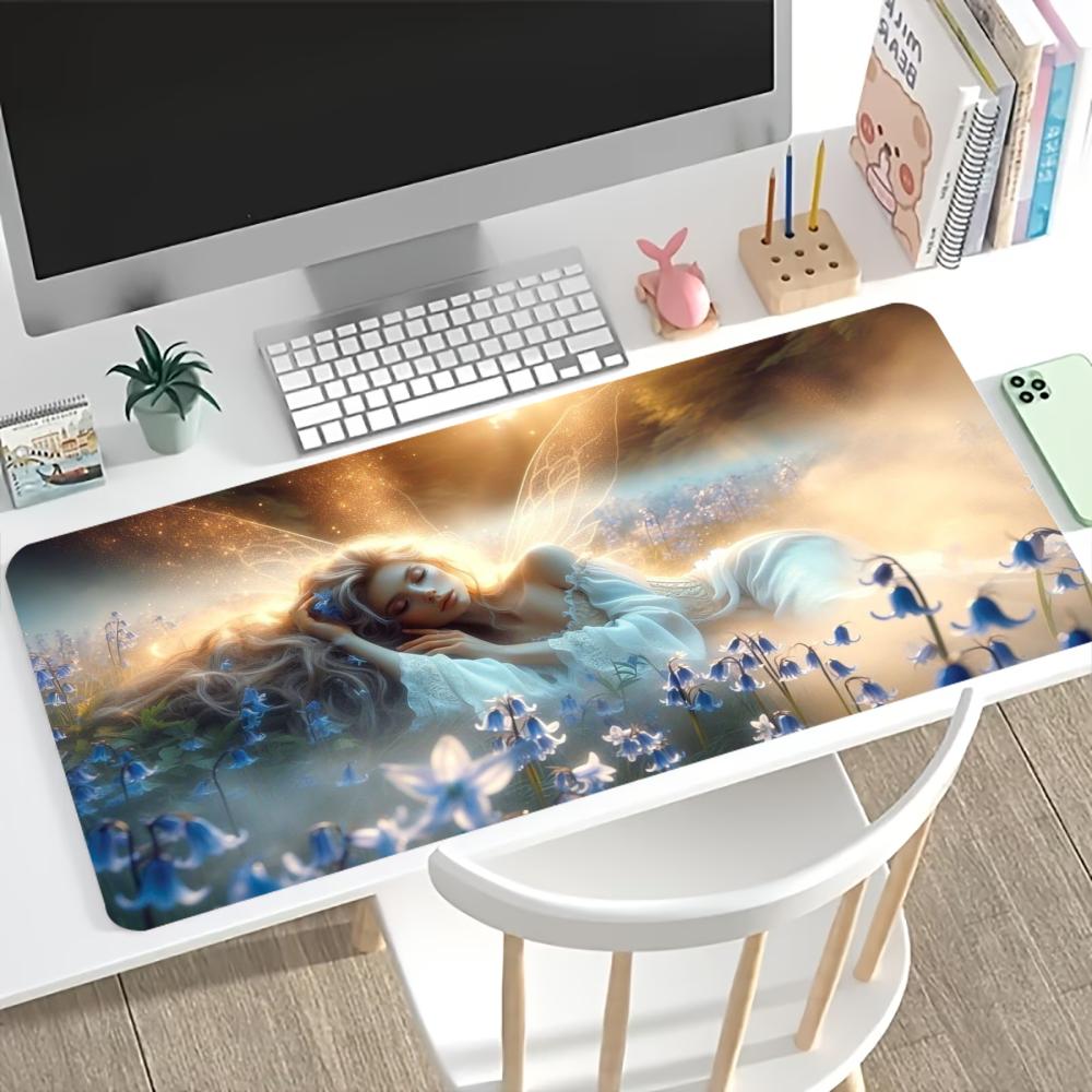 Starry Night Winged Fairy Gaming Mouse Pad Non Slip Rubber Stitched Edge Keyboard Table Mat For Laptop Office Desktop Setup