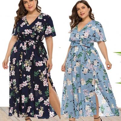 Women Plus Size Print Shourt Sleeve Fashion V-Neck Knee Length Dress