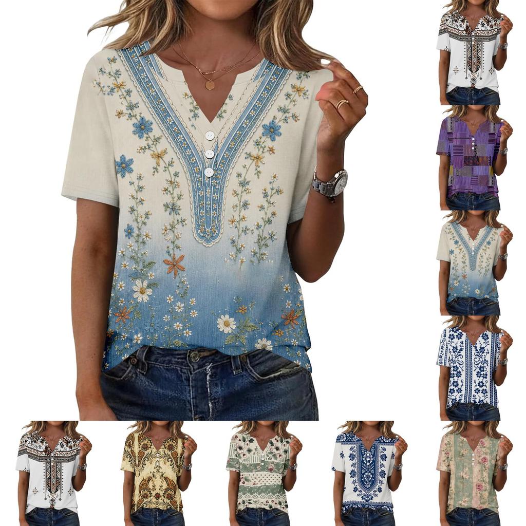 Women's Casual Floral Print V-Neck Short Sleeve T-Shirt Top with Decorative Buttons for Everyday Wear