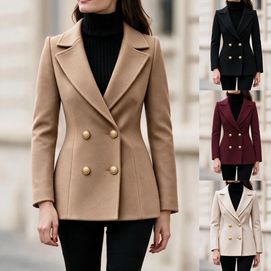Women Double Breasted Blazer, Slim Waist Tailored Coat, Solid Long Sleeve Notched Lapel Formal Jacket, S-2XL, Office Business Outerwear