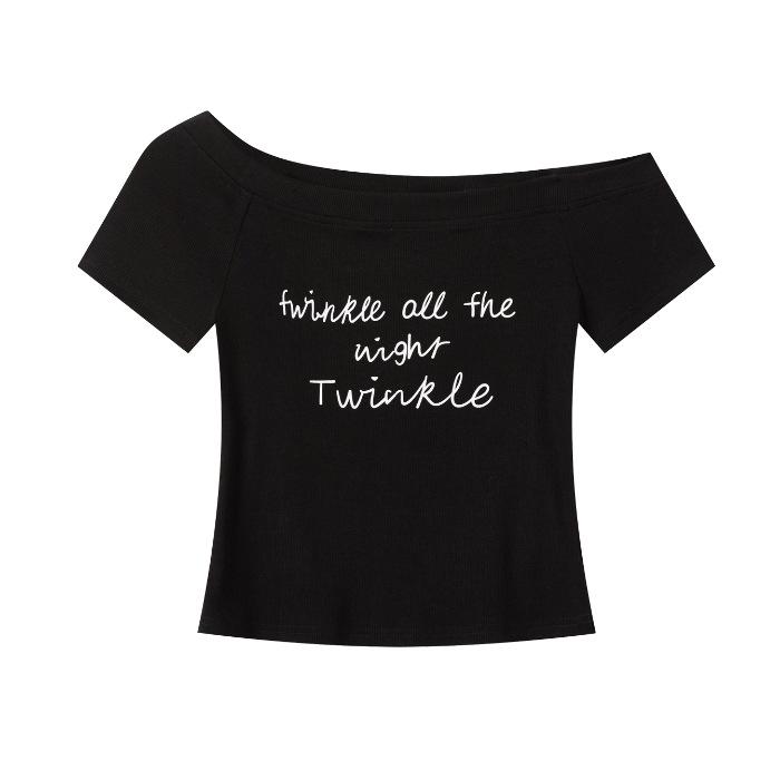 Modal cotton babes slanted shoulder letter print short-sleeved T-shirt women's summer sexy slim temperament short top