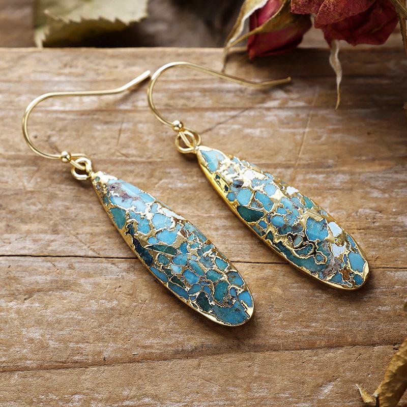 Natural Turquoise Long Water Droplet Earrings, Hook Earrings, European and American Bohemian Popular Accessories