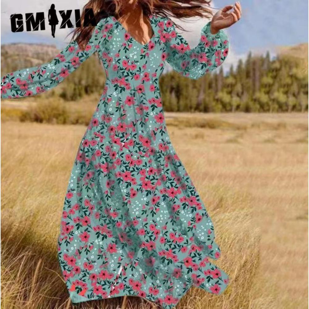 

GMXIA Женское мини-платье макси с оборками и цветочным принтом, повседневные платья с длинным рукавом и V-образным вырезом XXXXXL разноцветный