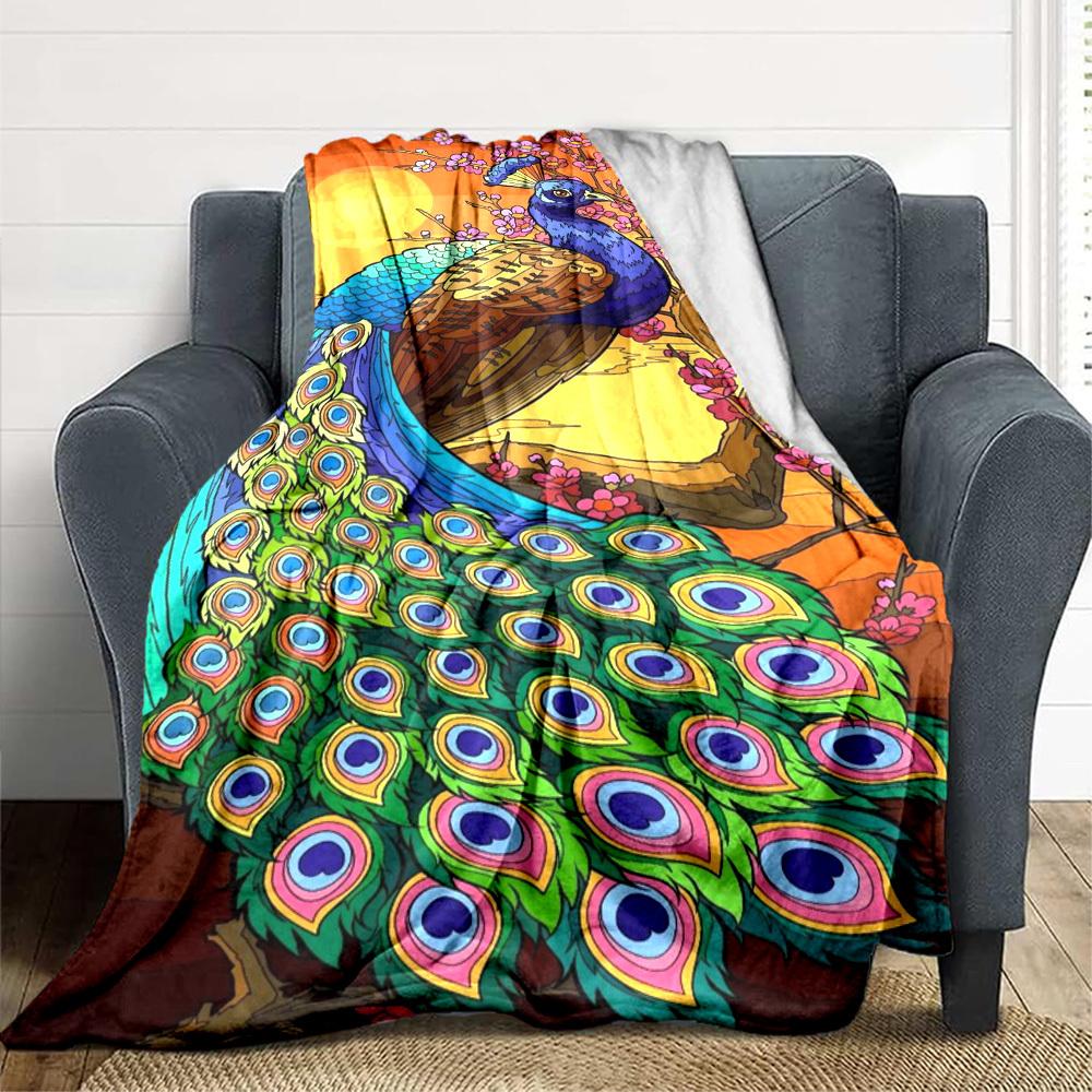 1pc Peacock Feather Blanket Lightweight Flannel Blanket Throw Blanket For Sofa, Bed, Travel, Camping Yy2509026210