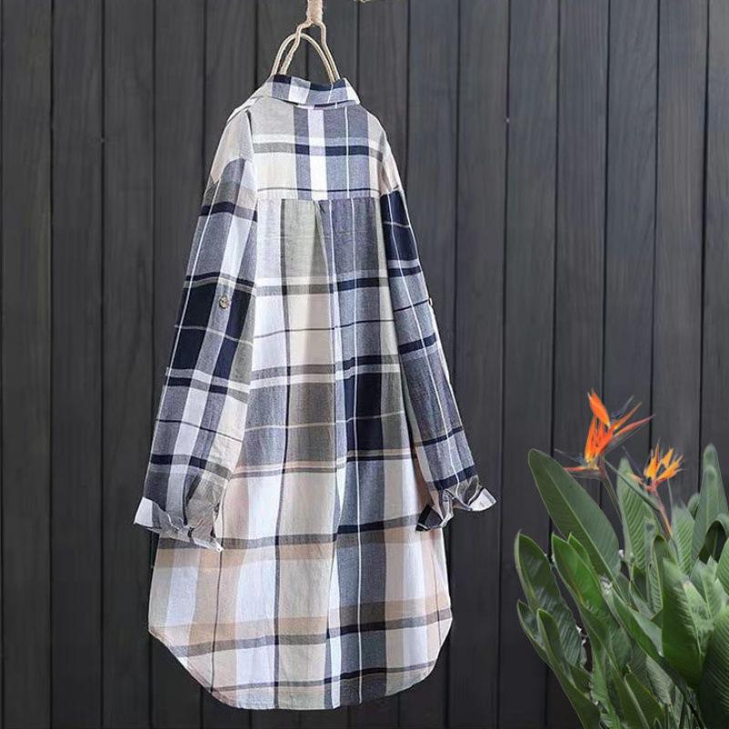 Frühlings Damen Karomuster Baumwolle Mittellange Blusen Damen Herbst Langarm Elegantes Lässiges Hemd Locker Knöpfbare Blusen