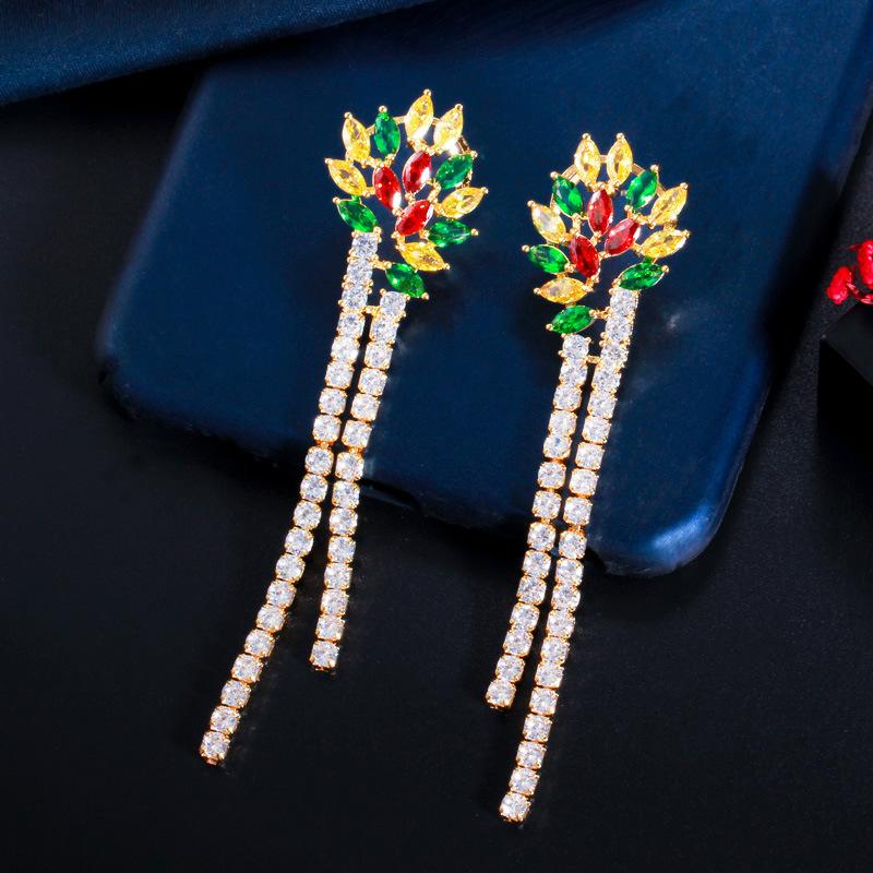 

E0322 Длинные серьги-цветы с бахромой, темпераментные серьги с цветным цирконом и украшения для ушей.