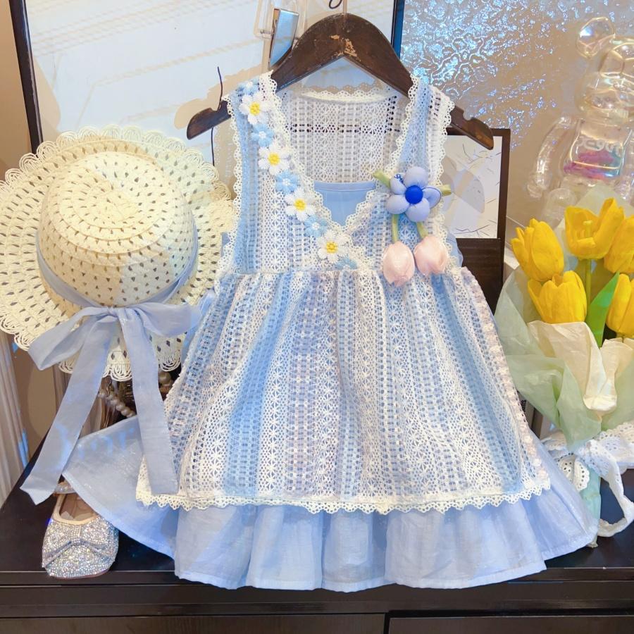 Girls Summer Dress Set Chic Strap Princess Tulip Tulle Two Piece Outfit For Kids Party Wear Elegant Sleeveless Gown 80cm