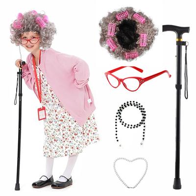 5 Pieces Old Lady Costume Set Old Man Costume Granny Costume for Kids Halloween 1920s Gatsby Old Lady Wig Grandma Costume