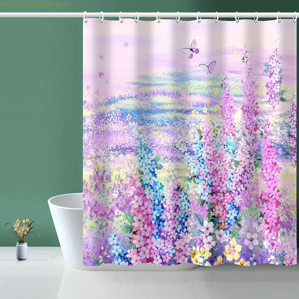 1pc Spring Pure Polyester Purple Flower Shower Curtain, Pure Polyester Fabric Shower Curtain with 12 Plastic Hooks, 182.88*182