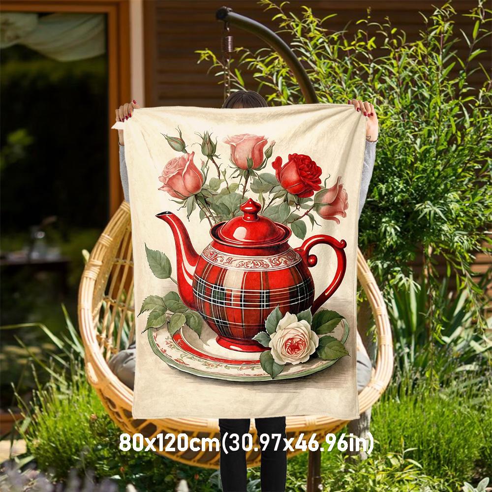 

1pc Tea Pot Roses Outdoor Flannel Blanket Soft Warm All-Season Throw for Sofa Bed Car Camping Office, Cozy Gift Idea1268S 80x120cm(31x47inch)