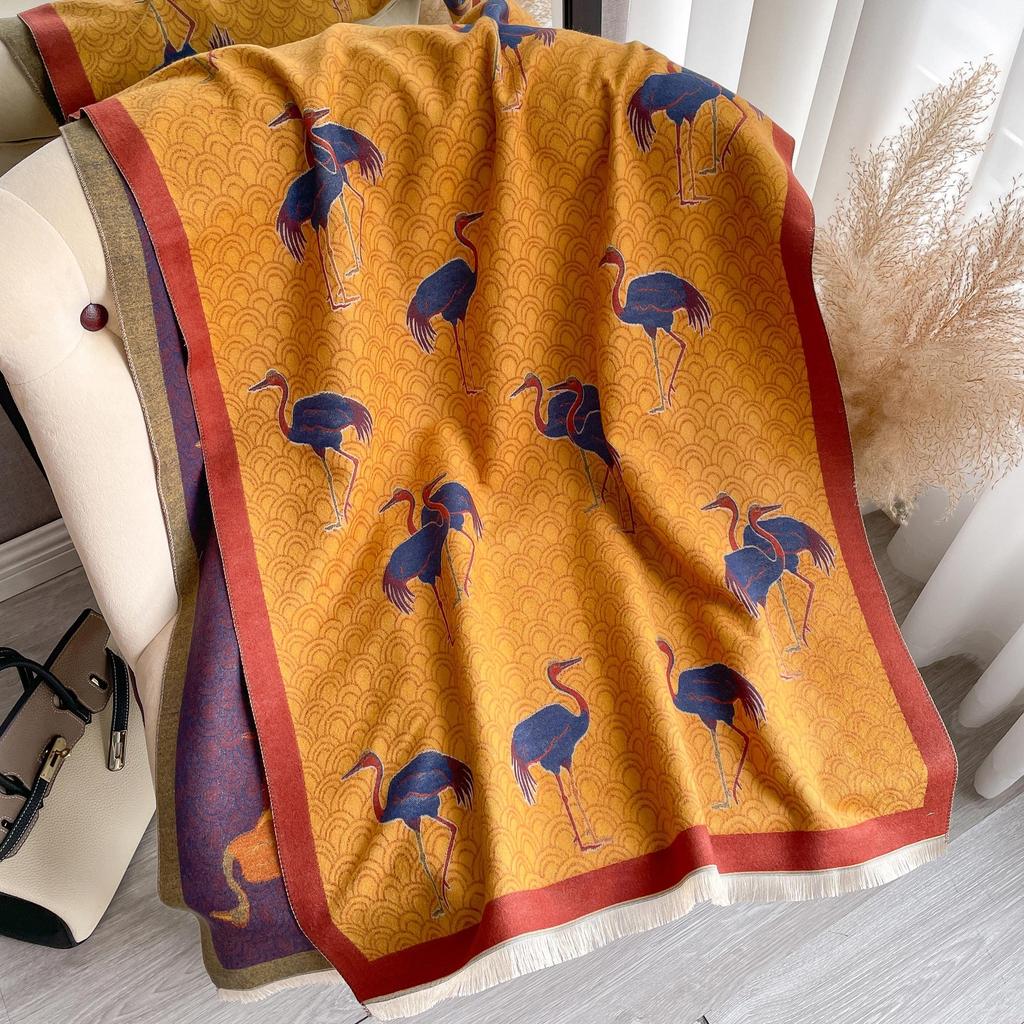 Crane Picture Imitation Cashmere Thickened Scarf Scarf Women'S Extended Printed Fashionable Simple Shawl