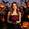 Halloween Flower Bouquet Gothic Wedding Bride Bouquet, Artificial Black Red Rose Gradient Ribbon Flowers with Skeleton Hand Pumpkin Skull for
