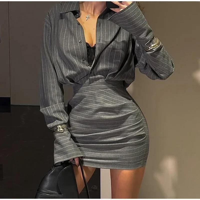 Elegant Striped Shirt Skirts Set Women's Slim Single Breasted Blouse Hip Package Short Skirt Suits Female Chic Outfits Vintage