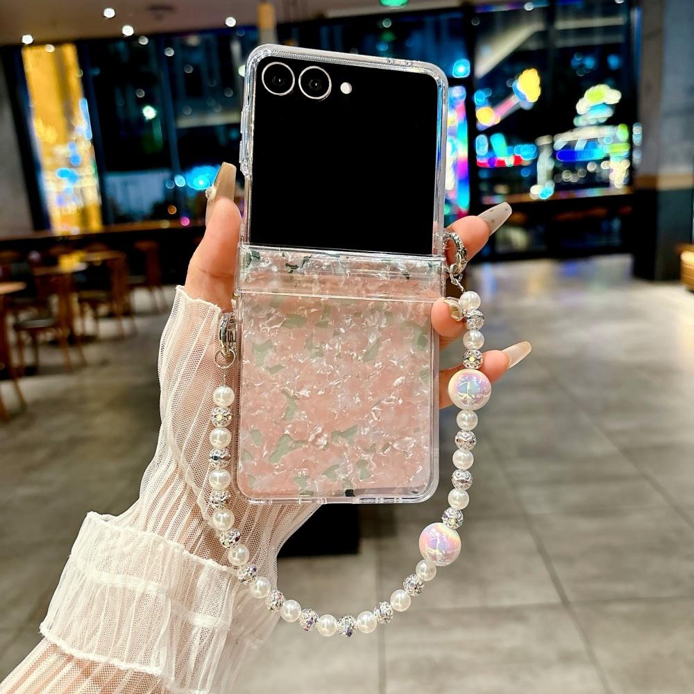 Luxury Shell Pattern Beads Bracelet Case for Samsung Galaxy Z Flip 7 6 5 flip 3 4 zflip7 Hand Wrist Chain Acrylic Hard Cover
