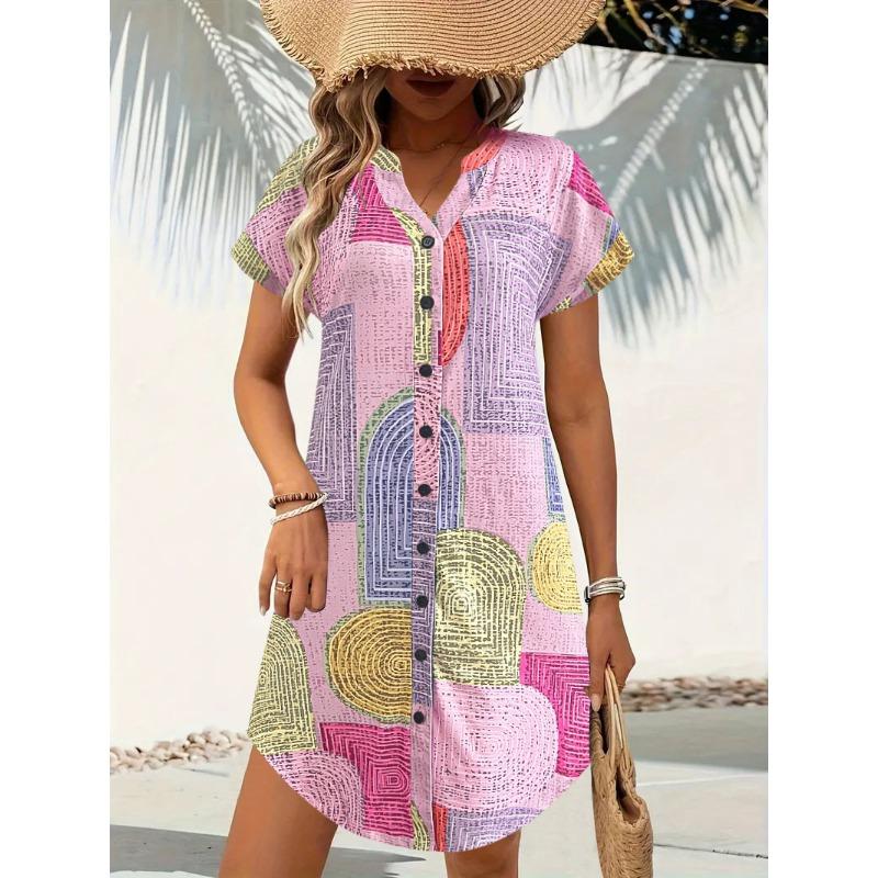 This Women's Geometric Pattern Printed Dress Is Fashionable LooseV-neck Button-down and Short-sleeved