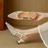 Französische spitze hohle gewebte dicke Ferse leere einzelne Schuhe mit flachem Ausschnitt elegantes Temperament High Heels Mode Sandalen