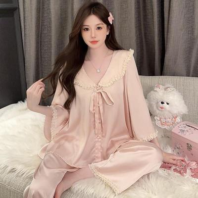 2025 Damen Sexy Herbst Eisseide Spitze Pyjama Set