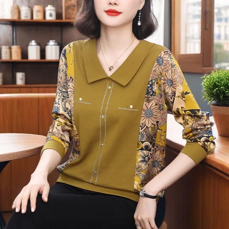 Autumn New Long-sleeved Bottoming T-shirt for Women Thin Large Size Loose and Stylish Age-reducing Lapel Fashion Top