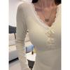 260g Cashmere Lace V-Neck Long Sleeve Women's Base Layer Top - Slimming, Brushed, Warm T-Shirt for Autumn Winter