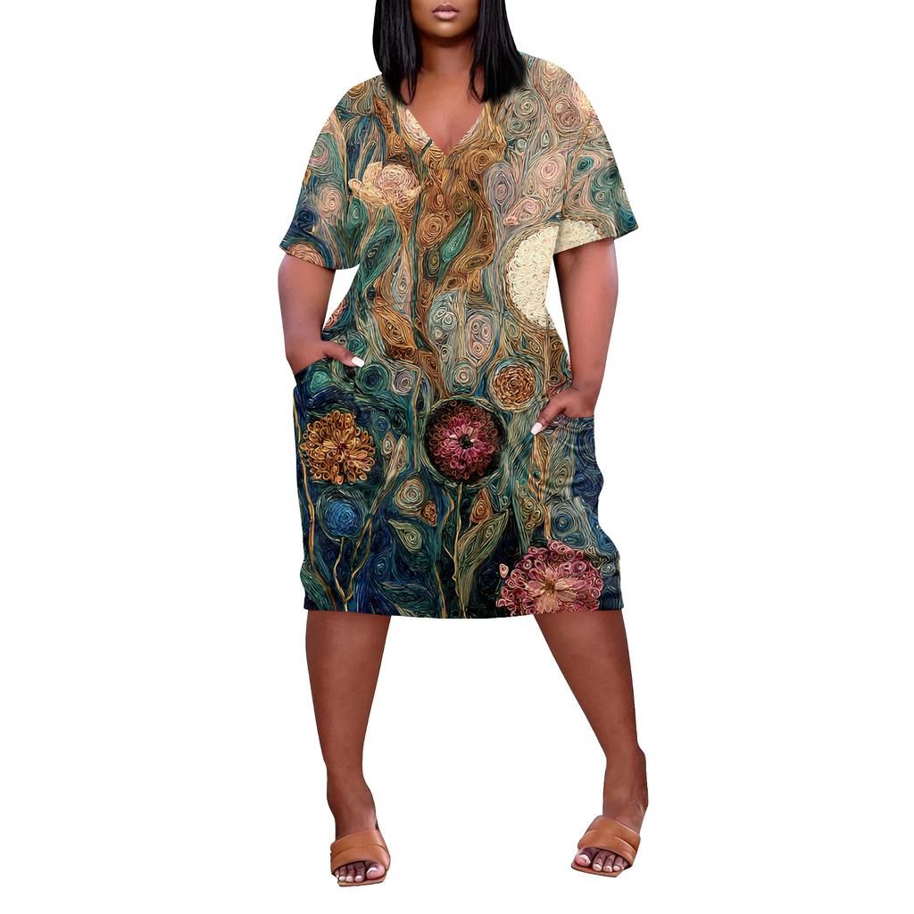 Letní nadměrné velikosti V výstřih krátký rukáv ke kolenům kapsa potisk ležérní šaty pro ženy