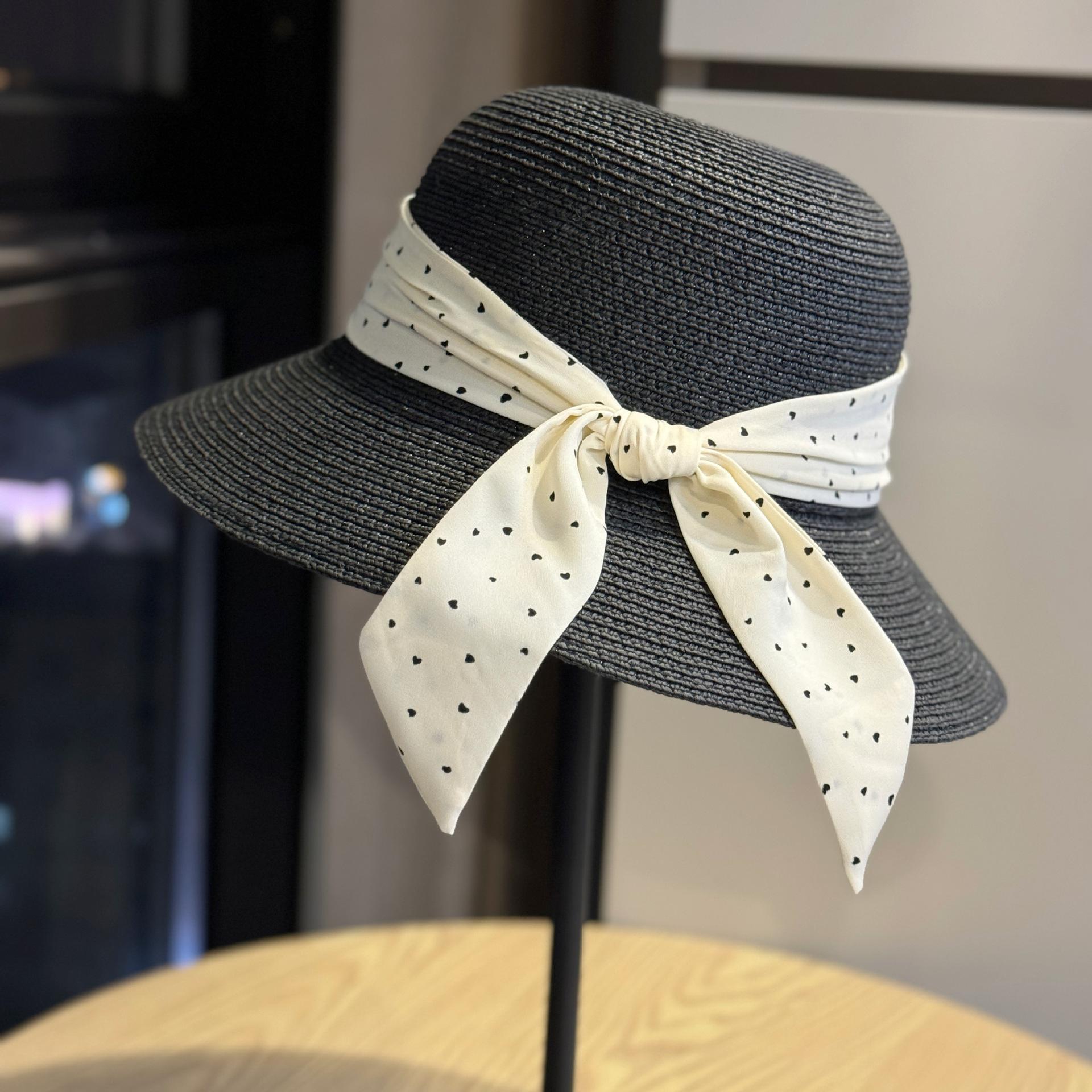 

Spring and summer new Korean-style polka dot rolled-edge bow fisherman hat for women, outdoor sun protection straw hat, foldable bucket hat Adult54-60Adjustable чёрный