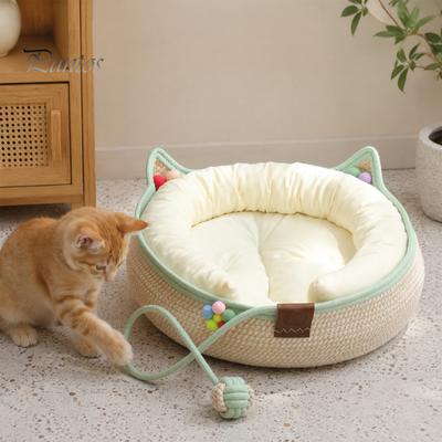 Cozy Cat Bed for All Seasons Handwoven Cotton Rope Bed, Scratchable Indoor Sleeping Basket, Breathable Woven with Pad Round Pet House Cats Kittens And