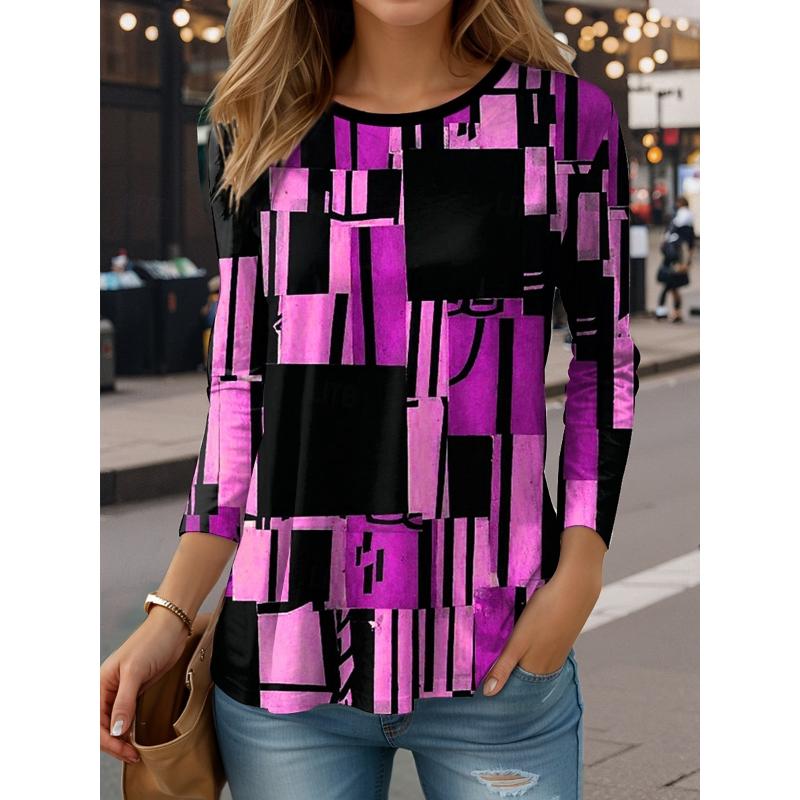Striped Checkered Printed Pattern Women's Long Sleeved T-shirt, Winter Warm T-shirt Top, Fashionable Casual T-shirt, Must-have Top for Parties