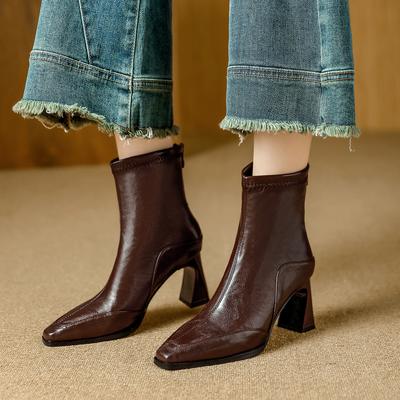 High Heel Short Boots Year Brown Maillard Boots Medium Boots Fashion Thick Heel Pointed Skinny Boots