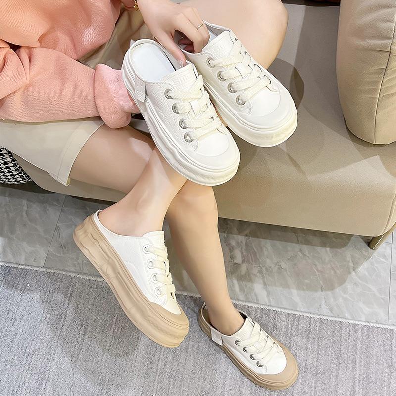 Leather Bag Head Half Slippers Women's Summer New Biscuit Sole Dissolved Half Tray Shoes Without Heel One Pedal White Shoes