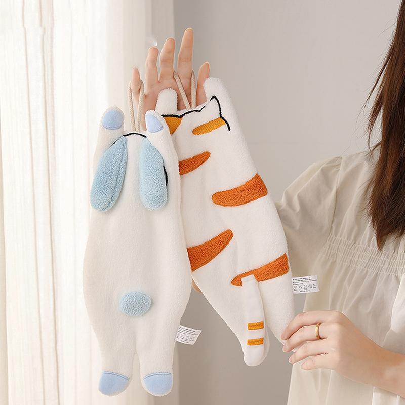 Cute Cat Rabbit Elephant Hanging Towel Kitchen Hand Towel Bathroom Soft Absorbent Handkerchief Wipe Towel Cartoon Kids Towels